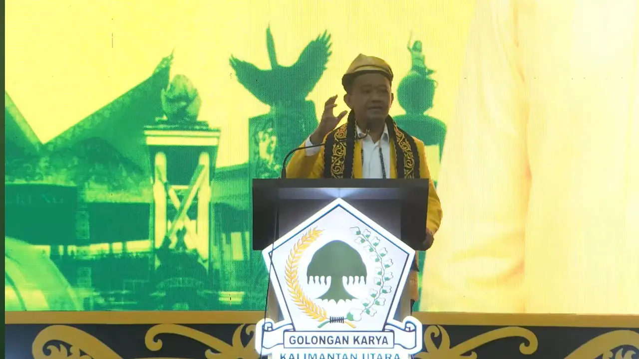 Ketua Umum Partai Golkar sekaligus Menteri Energi dan Sumber Daya Mineral (ESDM), Bahlil Lahadalia, saat Musyawarah Daerah (Musda) III DPD Partai Golkar Kalimantan Utara, Minggu (30/11/2025) (Istimewa)
