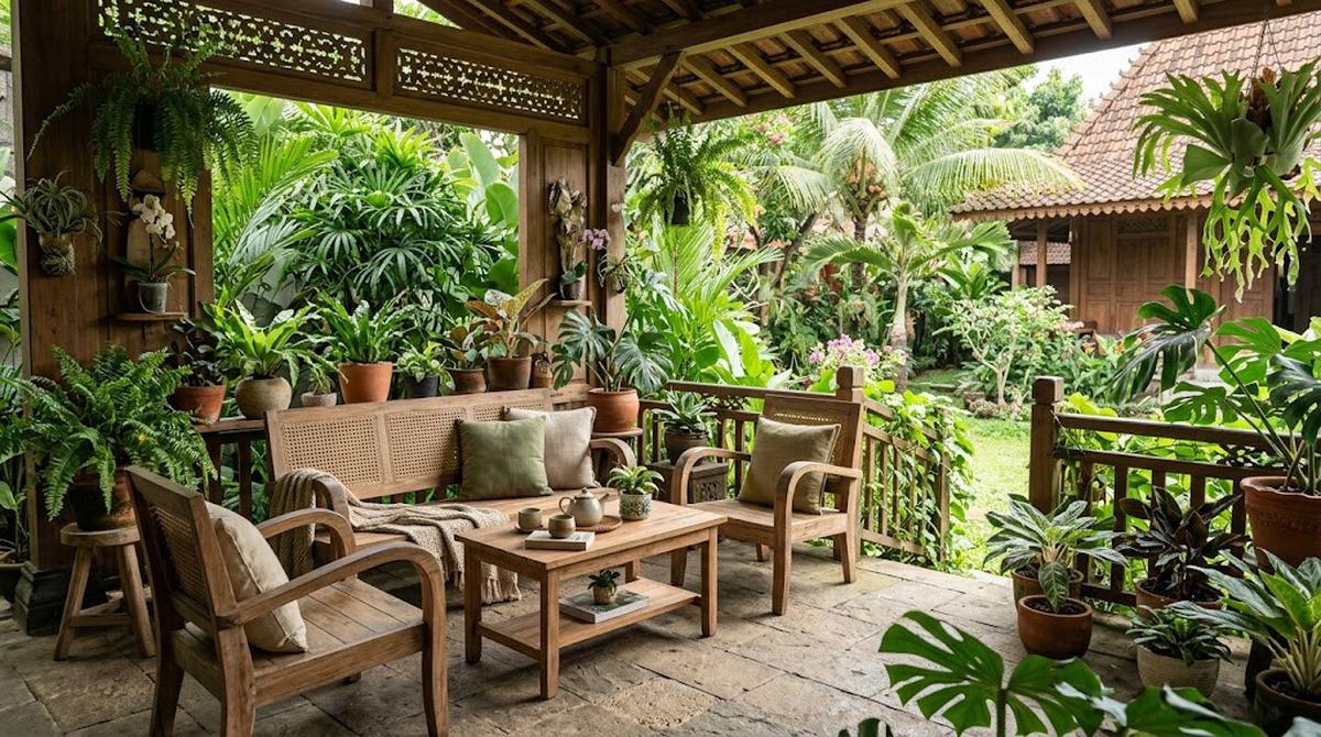 Model Teras Rumah dengan Kursi Kayu dan Tanaman Hijau/AI Generated