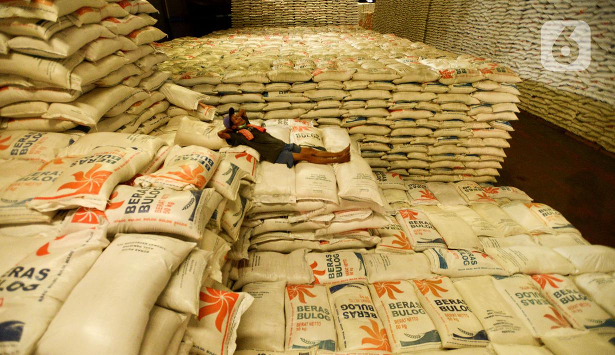 Pekerja berstirahat di tumpukan karung beras Bulog di Kelapa Gading, Jakarta, Kamis (27/2/2020). Jelang Ramadan dan Idul Fitri 2020 Perusahaan Umum Badan Urusan Logistik atau Perum Bulog siap mengamankan pasokan beras di seluruh wilayah Indonesia mencapai 1,7 juta ton. (merdeka.com/Imam Buhori)
