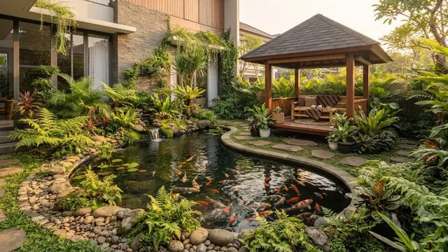 Desain Sudut Rumah yang Menggabungkan Kolam Ikan, Taman, dan Gazebo Kecil