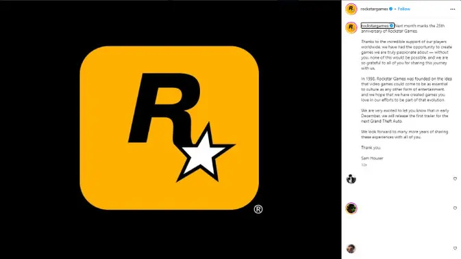 <p>Rockstar Games Akan Rilis Trailer GTA 6 pada Desember 2023. (Doc: Rockstar Games | Instagram)</p>