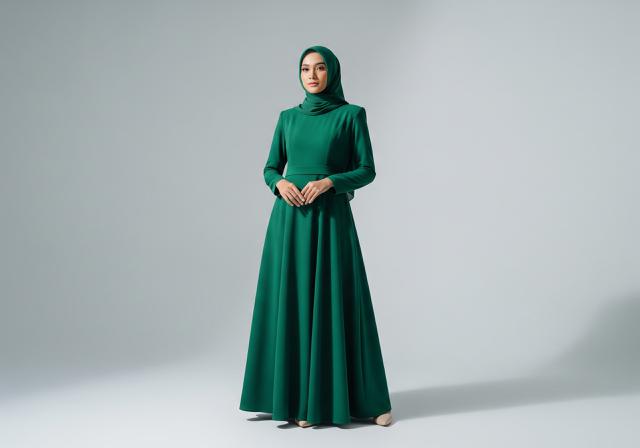 Gamis A-Line Emerald dengan Shoulder Pads Inspirasi '80s/Model Gamis Emerald Green Elegan 2026 (Sumber: gemini.com)