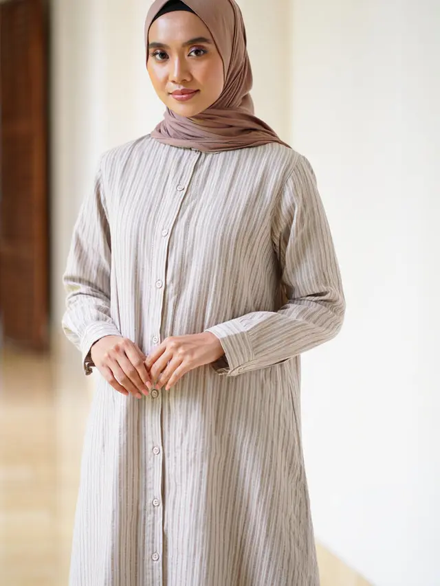 Midi Dress Muslim Kombinasi Linen Nyaman untuk Sehari-hari