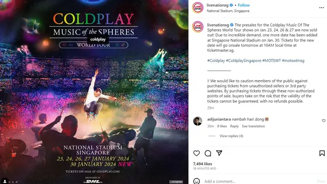 Unggahan Live Nation Singapore soal konser Coldplay di Singapura. (Instagram/ livenationsg)