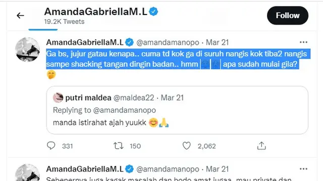 Amanda Manopo stres dengan alur cerita Ikatan Cinta (Foto tangkapan layar Twitter @amandamanopo)