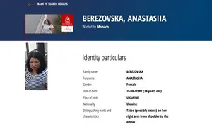 Tangkapan layar laman Interpol yang menampilkan Red Notice atas nama Anastasiia Berezovska, perempuan asal Ukraina yang menjadi tersangka pengeboman di Monako. Serangan itu diduga menargetkan seorang taipan asal Ukraina yang memiliki hubungan dengan Rusia. (Dok. Interpol via AP)