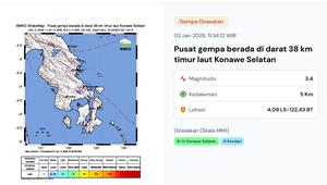 Gempa hari ini jelang akhir pekan, Jumat (2/1/2026) menggetarkan siang tadi pukul 11:34:12 WIB di wilayah Konawe Selatan, Provinsi Sulawesi Tenggara. (www.bmkg.go.id)