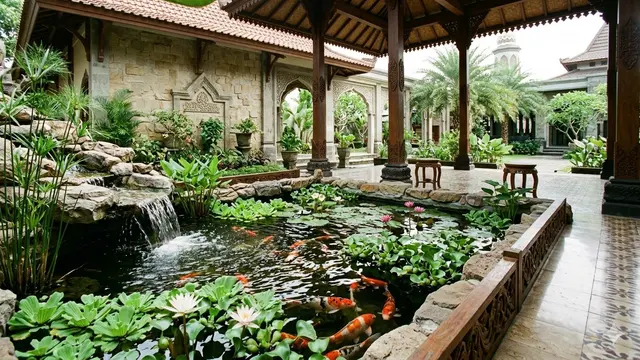 Kolam Ikan dengan Air Mengalir di Teras Masjid (Foto: Gemini AI)