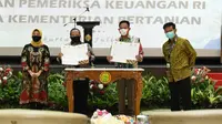 Menteri Pertanian(Mentan) Syahrul Yasin Limpo saat acara penyerahan hasil pemeriksaan BPK RI pada Kementerian Pertanian di Auditorium Gedung F, Kanpus Kementan, Selasa(21/07/20).