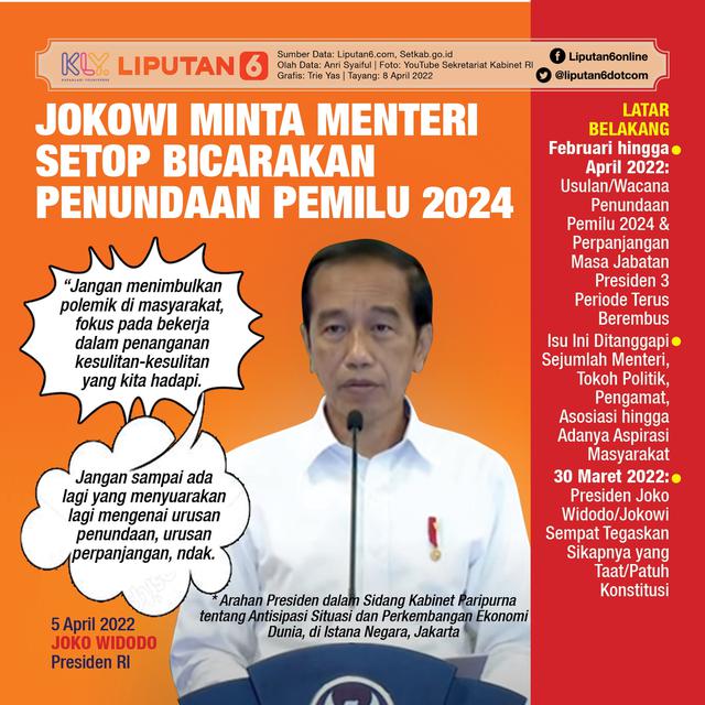 Infografis Jokowi Minta Menteri Setop Bicarakan Penundaan Pemilu 2024. (Liputan6.com/Trieyasni)