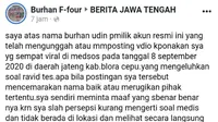 Tangkapan Layar sebuah unggahan akun bernama Burhan F-four meminta maaf di media sosial soal  bayi diduga korban rapid test dan meninggal di Cepu, Blora, Jawa Tengah (Liputan6.com/Ahmad Adirin)