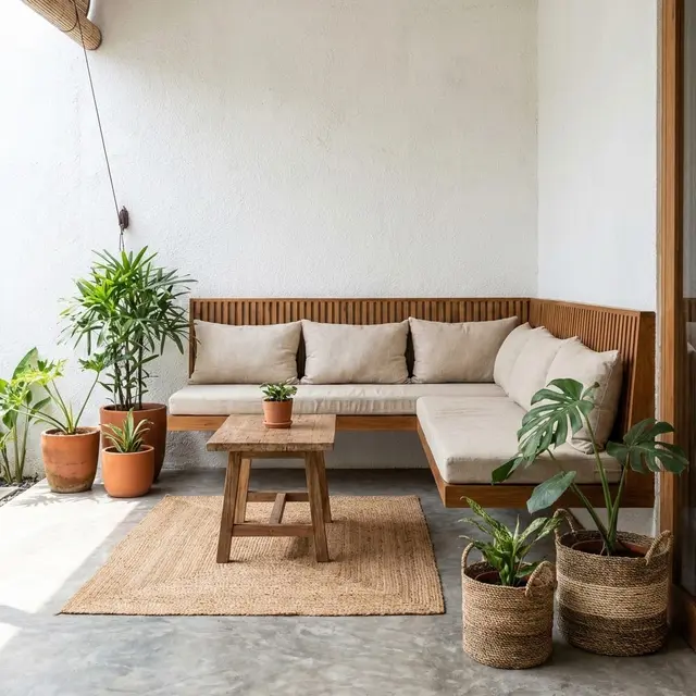 Model Teras dengan Bangku Kayu Menempel (Built-in) (Gemini AI)