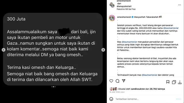 Ananda Omesh Umumkan Pemenang Lelang Motor Langka Miliknya untuk Palestina, Seorang Dokter di Bali yang Identitasnya Minta Dirahasiakan. (instagram.com/omeshomesh)