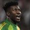 Kiper Manchester United, Andre Onana dalam laga leg 1 perempat final Liga Europa 2024/2025 melawan Lyon di Parc Olympique Lyonnais Groupama stadium, Decines-Charpieu, Prancis. (AP Photo/Thibault Camus)
