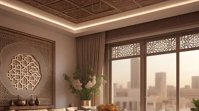Gambar desain ruang tamu arabian style alias ruang tamu khas arab. (Foto: Meta AI)