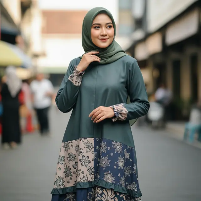 Gamis Batik dengan Aksen Polos dan Ruffle