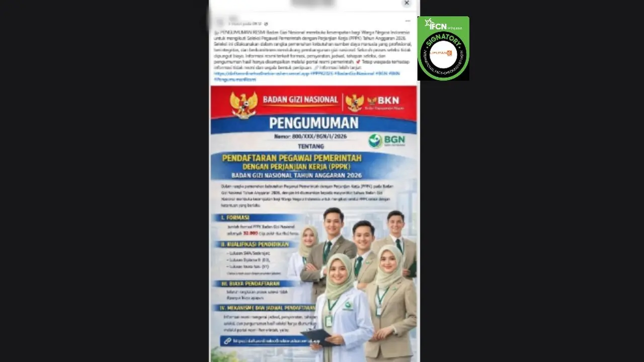 Cek Fakta Liputan6.com mendapati klaim informasi pendaftaran PPPK Badan Gizi Nasional (BGN) 2026