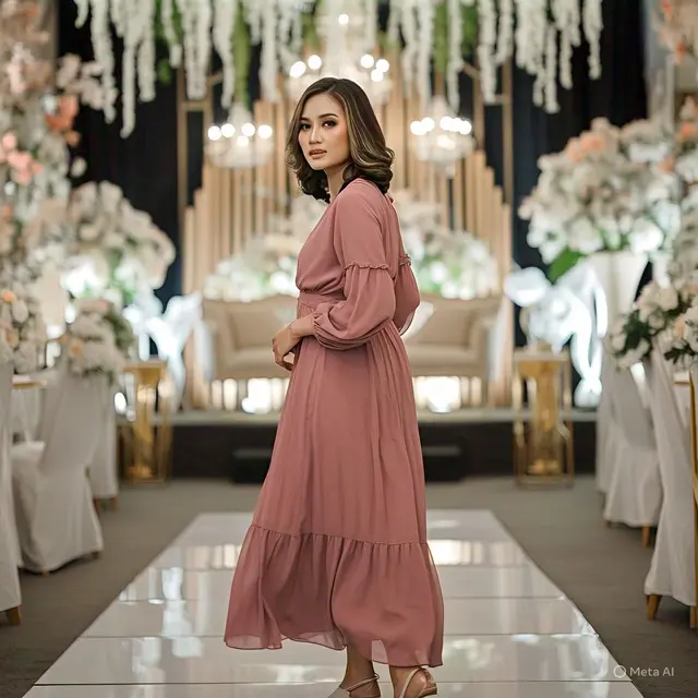 Gaun Pesta Midi Dress Polos dengan Detail Ruffle untuk Memperlihatkan Tubuh Proporsional/Via Meta AI