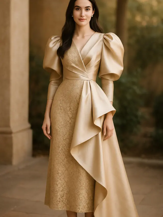 Model Long Dress Brokat Kombinasi Satin Asimetris Kekinian