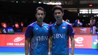 Kevin Sanjaya Sukamuljo/Marcus Fernaldi Gideon di Kejuaraan Dunia Bulutangkis 2022. (Dok. PBSI)