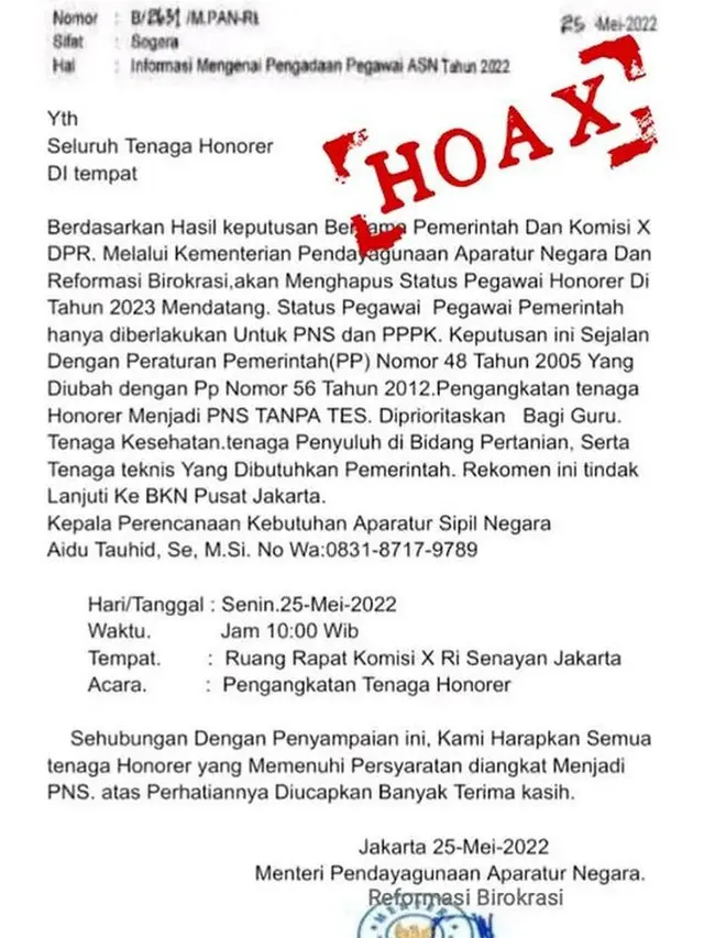 Beredar melalui pesan singkat WhatsApp pengangkatan tenaga honorer menjadi Pegawai Negeri Sipil (PNS) tanpa tes. (Dok Kementerian PANRB)
