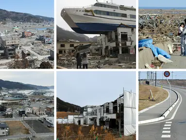 Foto kombinasi kondisi porak-poranda wilayah pesisir Jepang setelah dihantam tsunami pada 11 Maret 2011 (atas) dan kondisi lokasi yang sama 10 tahun kemudian (bawah). Tepat hari ini 10 tahun lalu, gelombang tsunami akibat gempa berkekuatan magnitudo 9,0 menyapu wilayah pesisir Jepang. (AFP Photo)