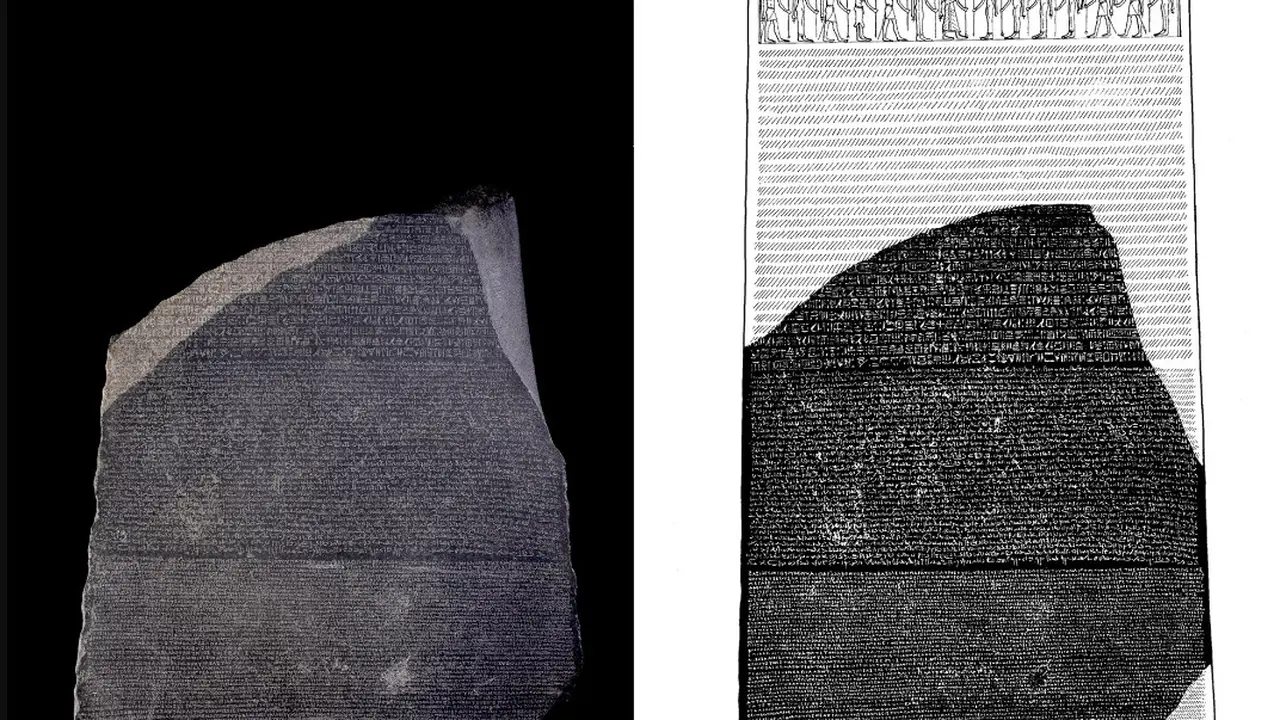 Rosetta Stone yang ditemukan (kiri) dan ilustrasi prasasti ketika masih utuh (kanan).