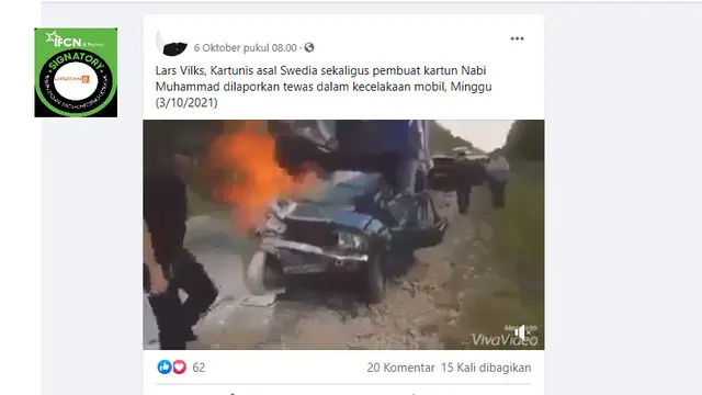 Cek Fakta Liputan6.com menelusuri klaim video kecelakaan yang menewaskan pembuat karikatur Nabi Muhammad Lars Vilks