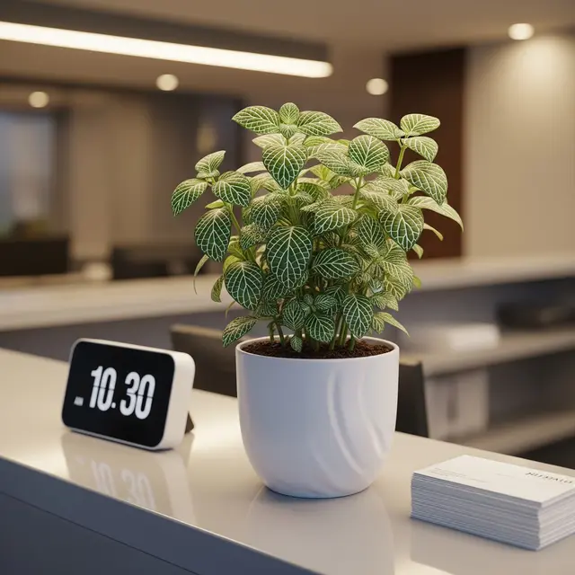 Fittonia (Nerve Plant) di Meja Resepsionis Kantor (Gemini AI)