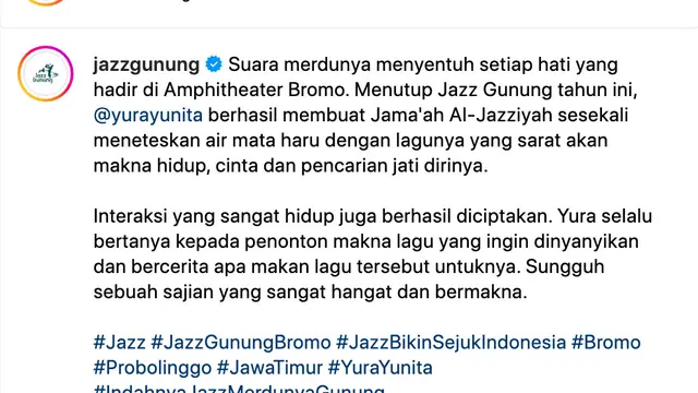 Unggahan Jazz Gunung 2023 soal performa Yura Yunita. (Foto: Dok. Instagram @jazzgunung)