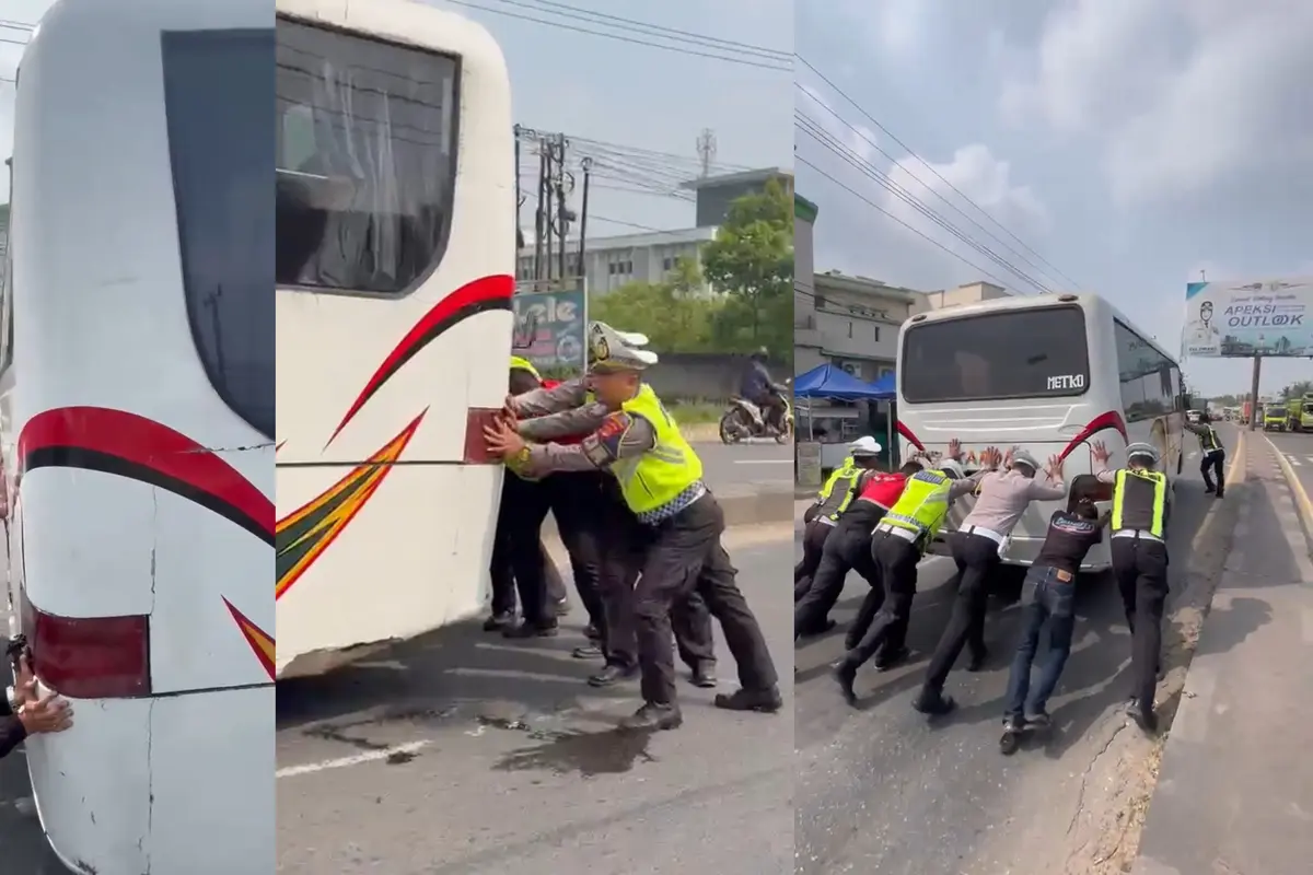 Aksi Heroik Polantas di Lampung Selatan, Dorong Bus Mogok demi Cegah Kemacetan