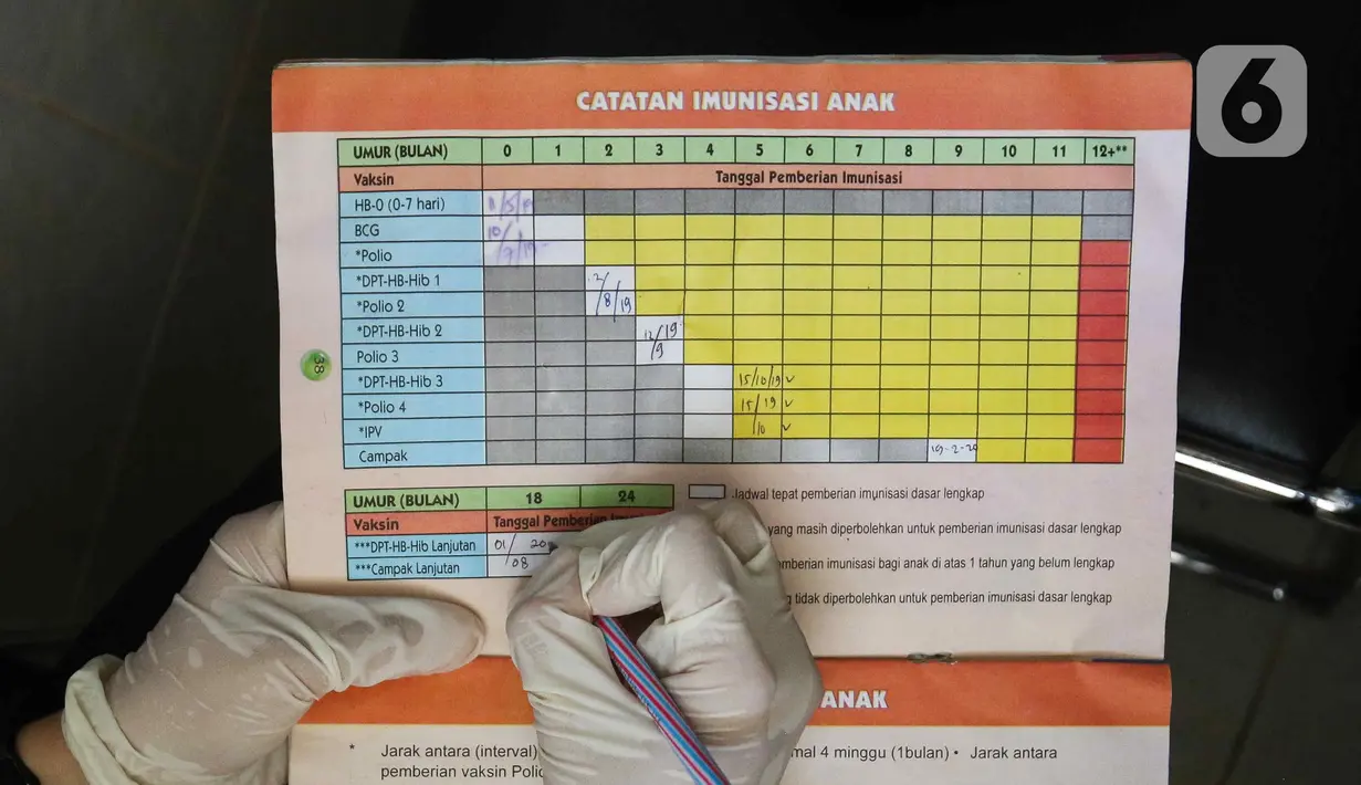 Petugas mendata catatan imunisasi anak di RPTRA Pola Idaman, Pondok Labu, Jakarta Selatan, Senin (1/8/2022). Sebanyak 76 anak mengikuti bulan imunisasi anak nasional pemberian imunisasi tambahan Campak-Rubela dan pemberian imunisasi pada anak yang belum mendapatkan imunisasi lengkap. (Liputan6.com/Herman Zakharia)