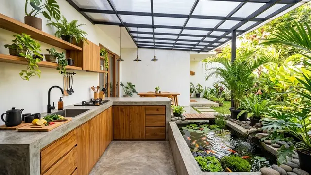 Desain Dapur Semi Outdoor dengan Kolam Ikan Mini
