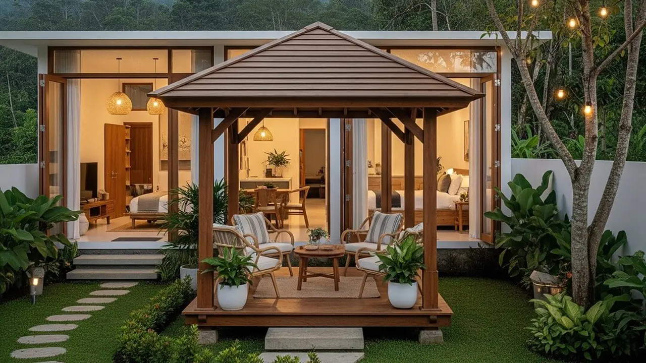 Desain Rumah Kecil Tapi Mewah Ala Villa dengan Taman Depan