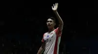 Tunggal putra Indonesia, Jonatan Christie, merayakan kemenangan atas Rasmus Gemke pada Blibli Indonesia Open 2019 di Istora Senayan, Jakarta, Selasa (16/7). Jojo menang 21-17 24-22. (Bola.com/Vitalis Yogi Trisna)