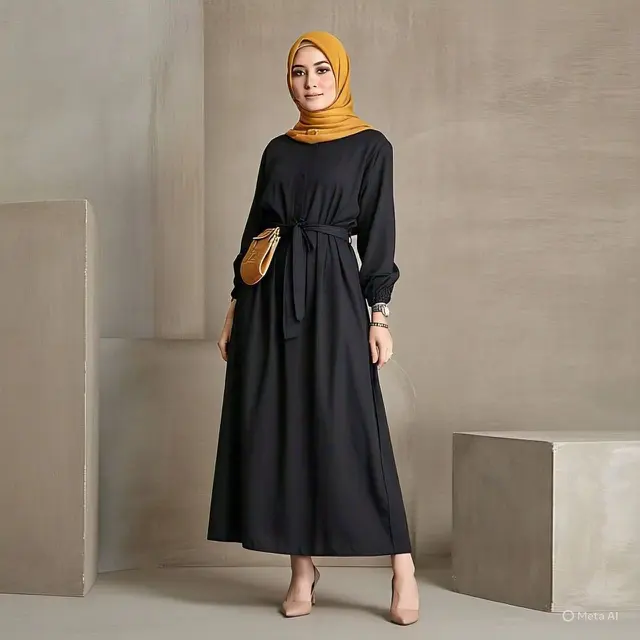 Dress Hitam Midi dengan Belt dan Hijab Mustard