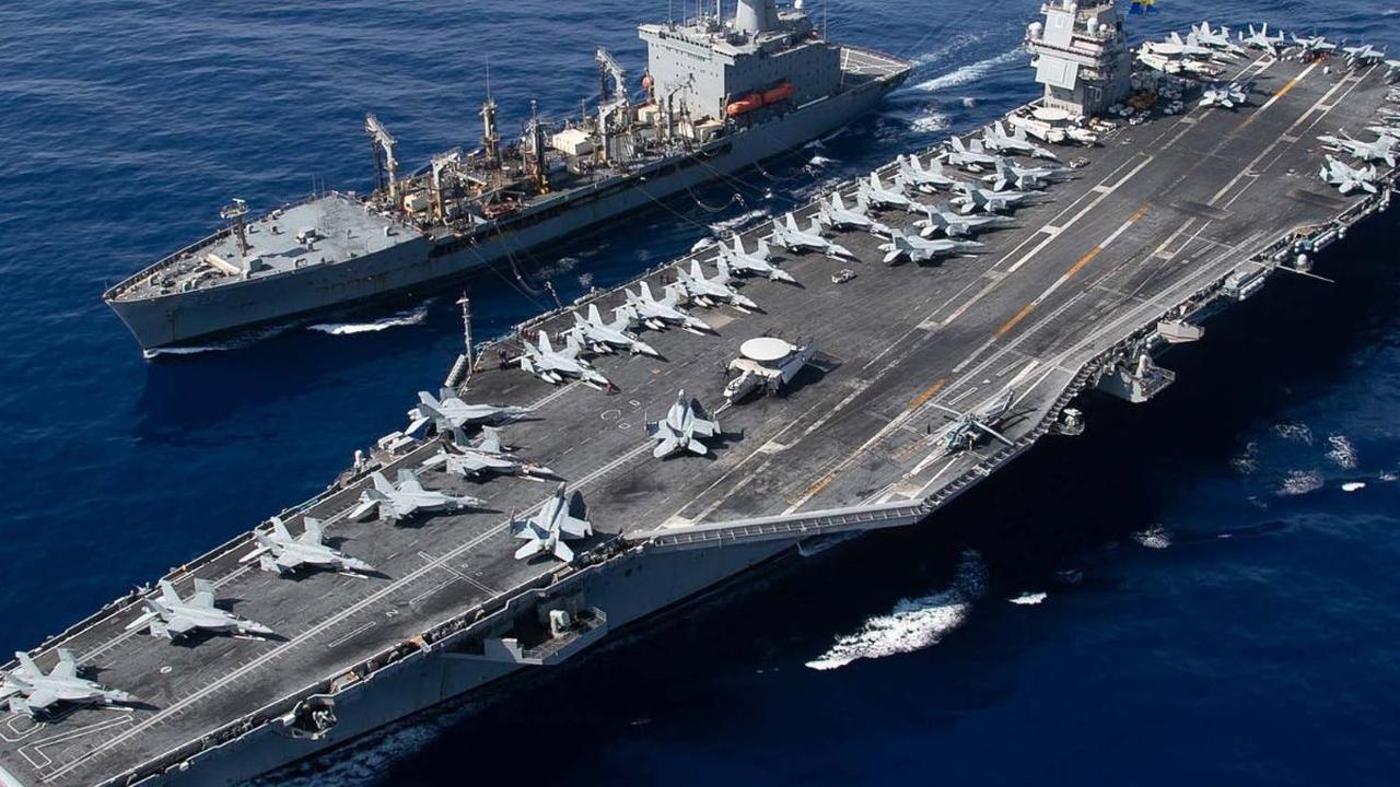 Kapal induk tercanggih dan terbesar di dunia milik Amerika Serikat, USS Gerald R Ford tiba di Laut Mediterania Timur pada 11 Oktober 2023.&nbsp;Kapal itu terlihat membawa puluhan jet tempur.