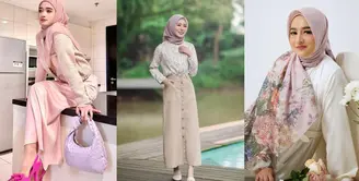 Gamis warna pastel polos paling pas dipadukan dengan hijab segi empat bermotif floral seperti Cindy Fatika Sari ini. [Instagram/cindyfatikasari18]