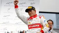 Ekspresi kegembiraan Rio Haryanto setelah menjuarai Sprint Race GP2 Austria, 21 Juni 2015. (Rio Haryanto Media)