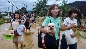 Warga membawa barang-barang dan hewan peliharaan mereka saat melintasi jalan yang tergenang air saat dievakuasi dari rumah-rumah mereka yang terendam banjir di Kota Liloan, Provinsi Cebu, Filipina, pada Rabu 5 November 2025. Palang Merah Filipina menerima banyak panggilan darurat dari warga yang membutuhkan evakuasi segera. (Alan TANGCAWAN/AFP)