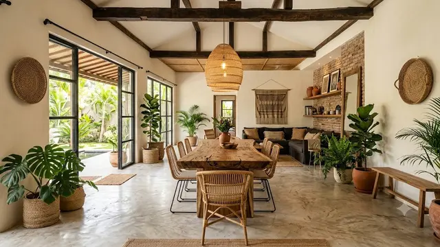 Model Rumah dengan Lantai Semen Ekspos dan Dekorasi Kayu