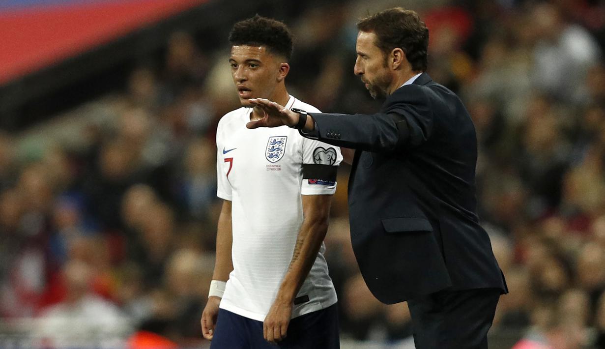 Jadon Sancho mencetak dua gol perdananya bersama Timnas Inggris saat melawan Kosovo pada pertandingan kualifikasi Euro 2020.(AFP/Adrian Dennis)