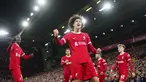 Pemain Liverpool, Jayden Danns melakukan selebrasi bersama rekan-rekannya setelah mencetak gol ke gawang Southampton pada laga putaran kelima Piala FA 2023/2024 di Anfield, Liverpool, Inggris, Kamis (29/02/2024) WIB. (AP Photo/Jon Super)
