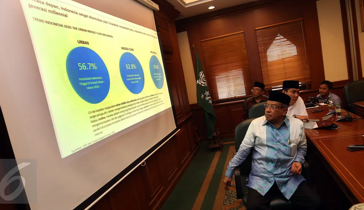 Ketua Umum PBNU Said Aqil Siradj melihat hasil Survei "Potret Keberagaman Muslim Indonesia", Jakarta, Senin (30/1). Mayoritas umat Islam (95,5 %) menyatakan agama memiliki peranan yang sangat penting dalam kehidupan mereka. (Liputan6.com/Johan Tallo)
