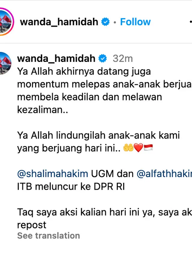 Unggahan Wanda Hamidah. (Foto: Dok. Instagram @wanda_hamidah)