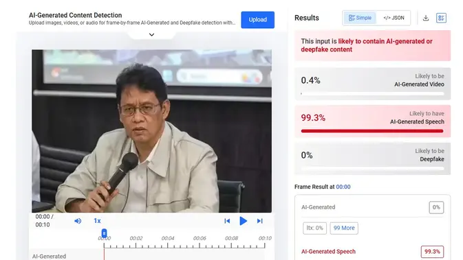 Video dan audio klaim Menkeu Purbaya mengumumkan bantuan dana pensiunan menunjukkan hasil AI. (Foto: tangkapan layar Hive Moderation)