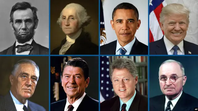 Beberapa mantan Presiden AS, dari kiri ke kanan (Atas): Abraham Lincoln, George Washington, Barack Obama, dan Donald Trump. Bawah: Franklin Roosevelt, Ronald Reagan, Bill Clinton dan Harry Truman. (AP)