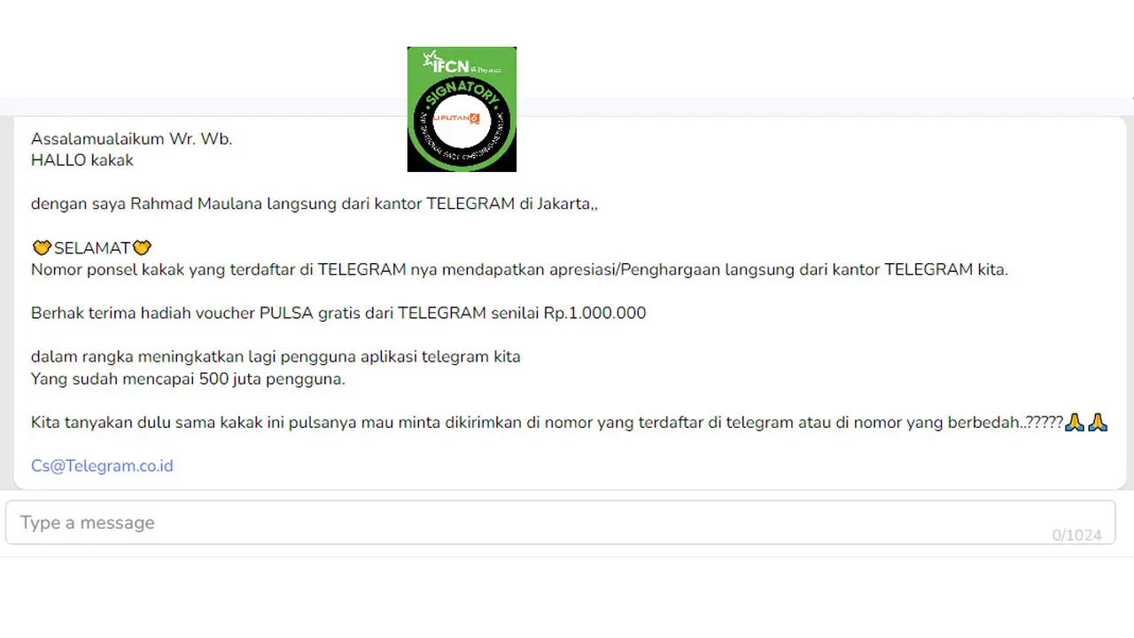 Tangkapan layar informasi Telegram bagikan pulsa senilai Rp 1 juta