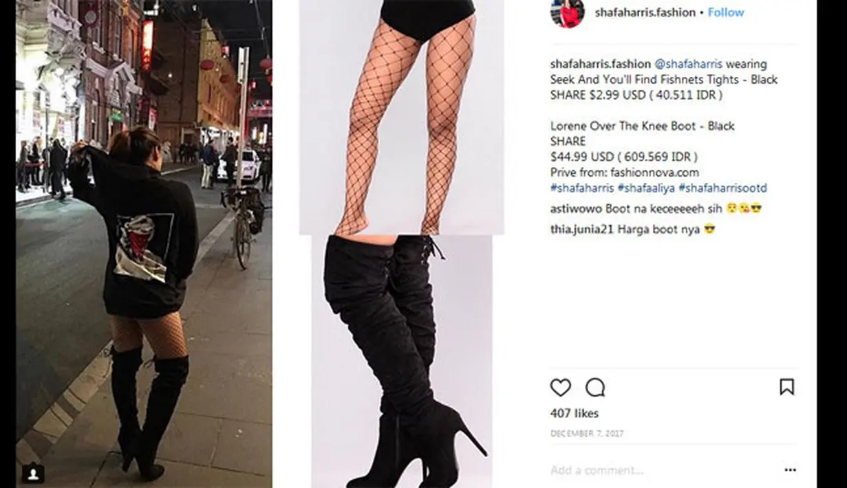 Sepatu boots dan fish net juga menjadi koleksi fashion itemnya Shafa Harris. Melihat penampilannya di foto-fotonya di Instagram, Shafa tampak kece dengan penampilan seperti ini. (Instagram/shafaharris.fashion)