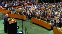 Presiden Amerika Serikat Donald Trump berpidato dalam Sidang Majelis Umum ke-81 PBB di Markas Besar PBB, Selasa (22/9/2026). (Dok. AP Photo/Yuki Iwamura)